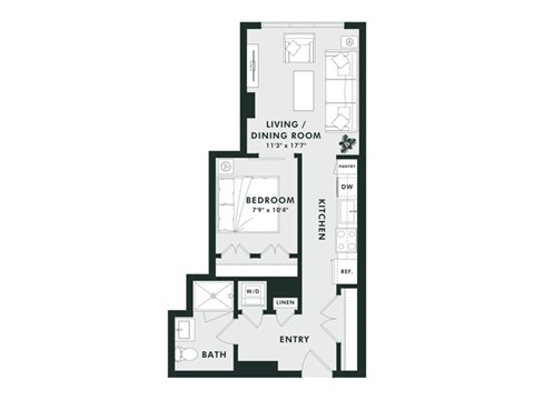 A floor plan of a house with a living room, dining room, kitchen, and bathroom.